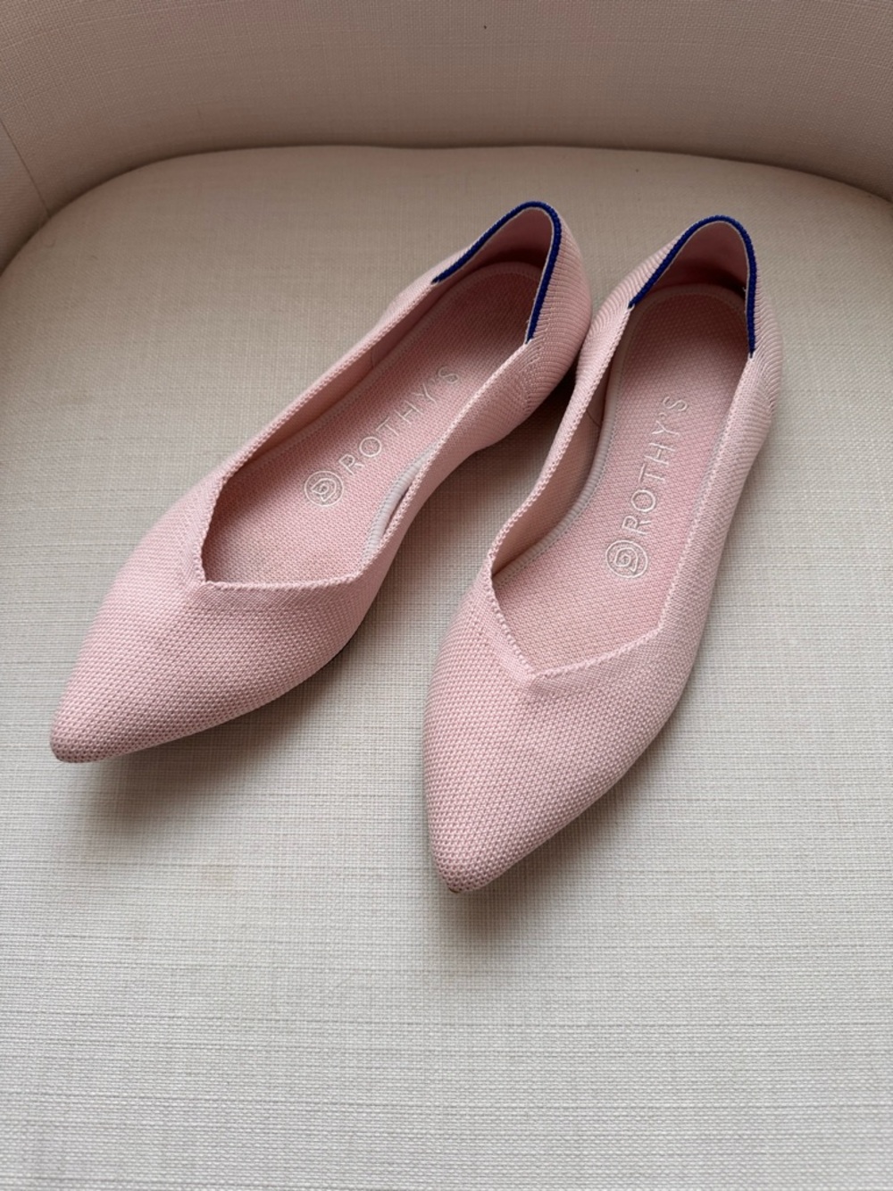 Rothy's Pointed Knit Ballet Flats in Blush with Blue Heel Trim